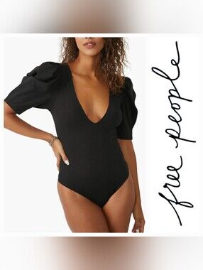 Free People Va Va Voop Black Puff Sleeve Bodysuit Sz XS
